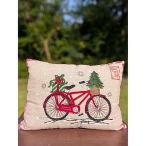Unbranded Christmas Throw Pillow Home OS Beige Excellent Embroidered Bicycle